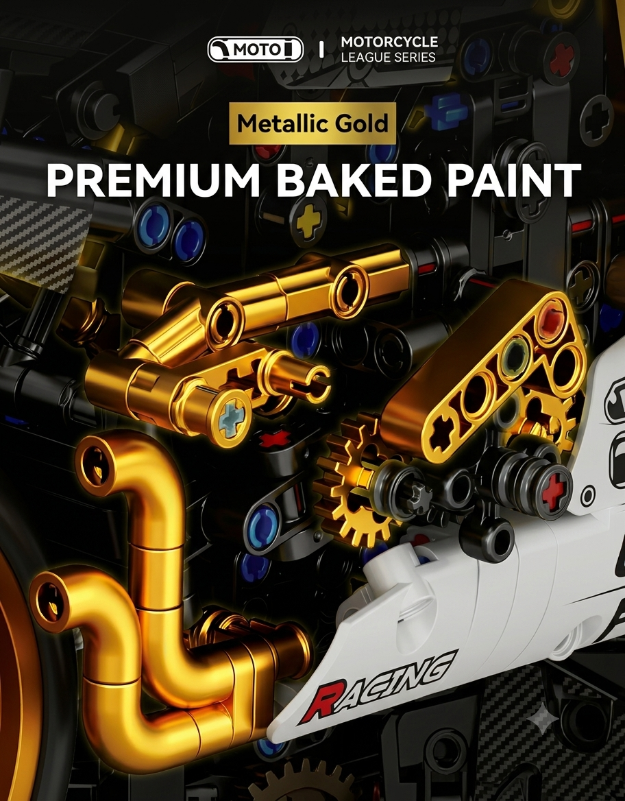 Detailed view of the premium metallic gold baked paint engine components, exhaust pipes, and mechanical gears.