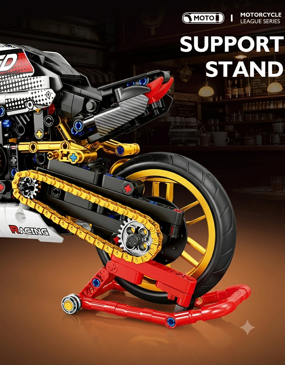 Close-up of the rear wheel, red paddock support stand, and gold link drive chain on the retro motorcycle model.