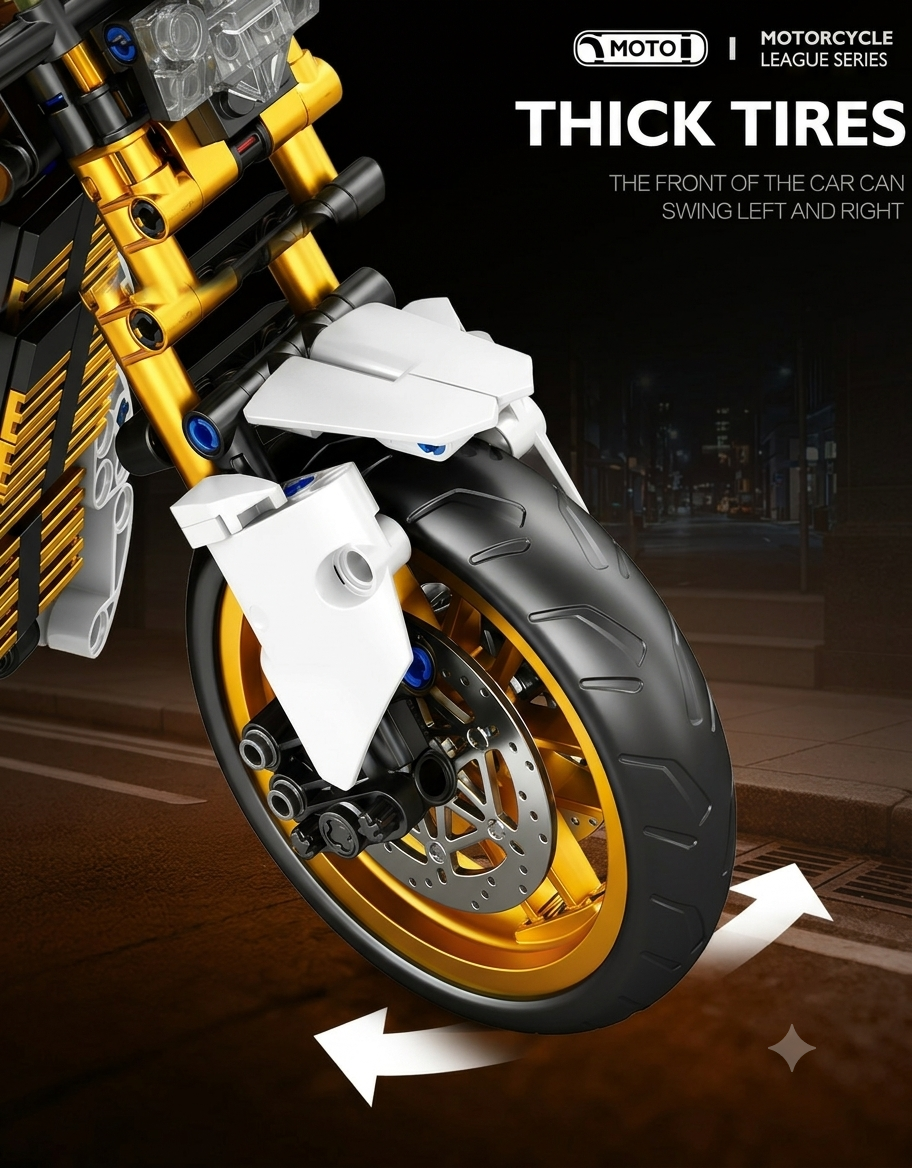 Front wide rubber tire, disc brake, and functional left-right steering fork on the motorcycle building block set.