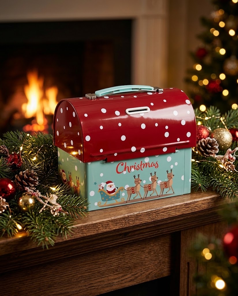 Decorative Christmas tin box with handle displayed on a cozy wooden fireplace mantel surrounded by festive pine garland and warm holiday lights.