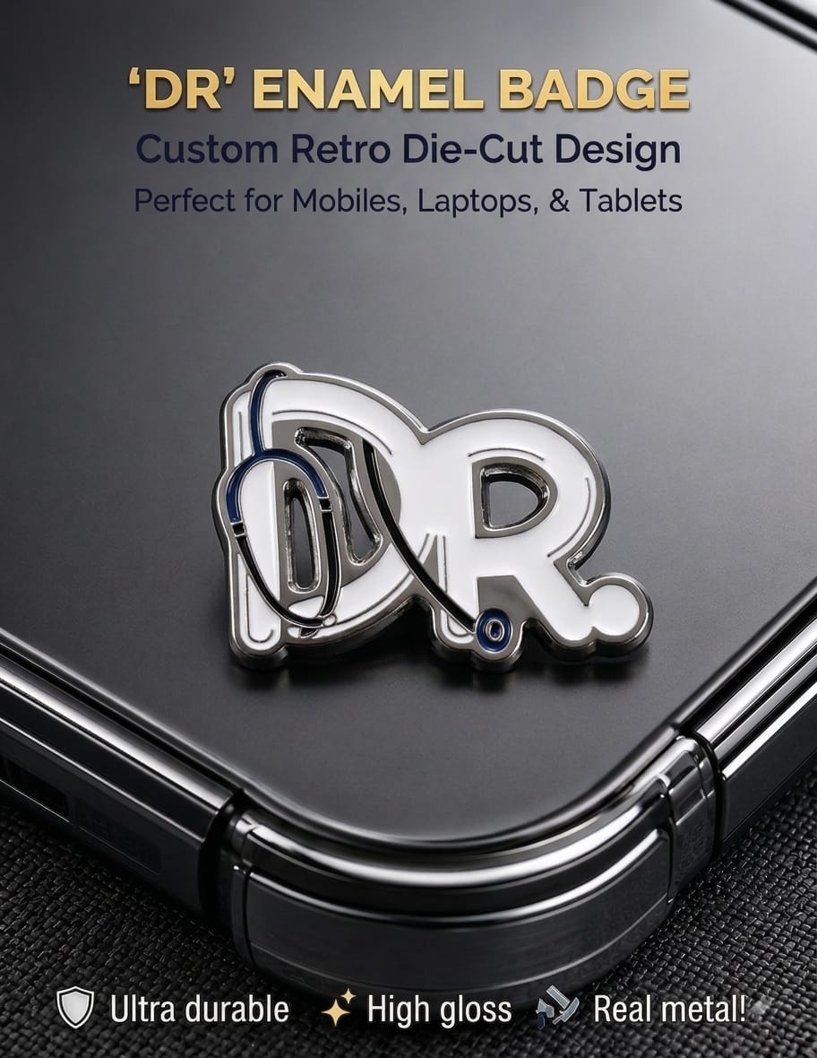 Retro die-cut DR enamel badge sticker with stethoscope design adhered to the back of a mobile phone.