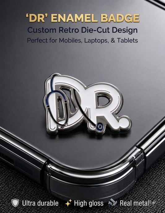 Retro die-cut DR enamel badge sticker with stethoscope design adhered to the back of a mobile phone.