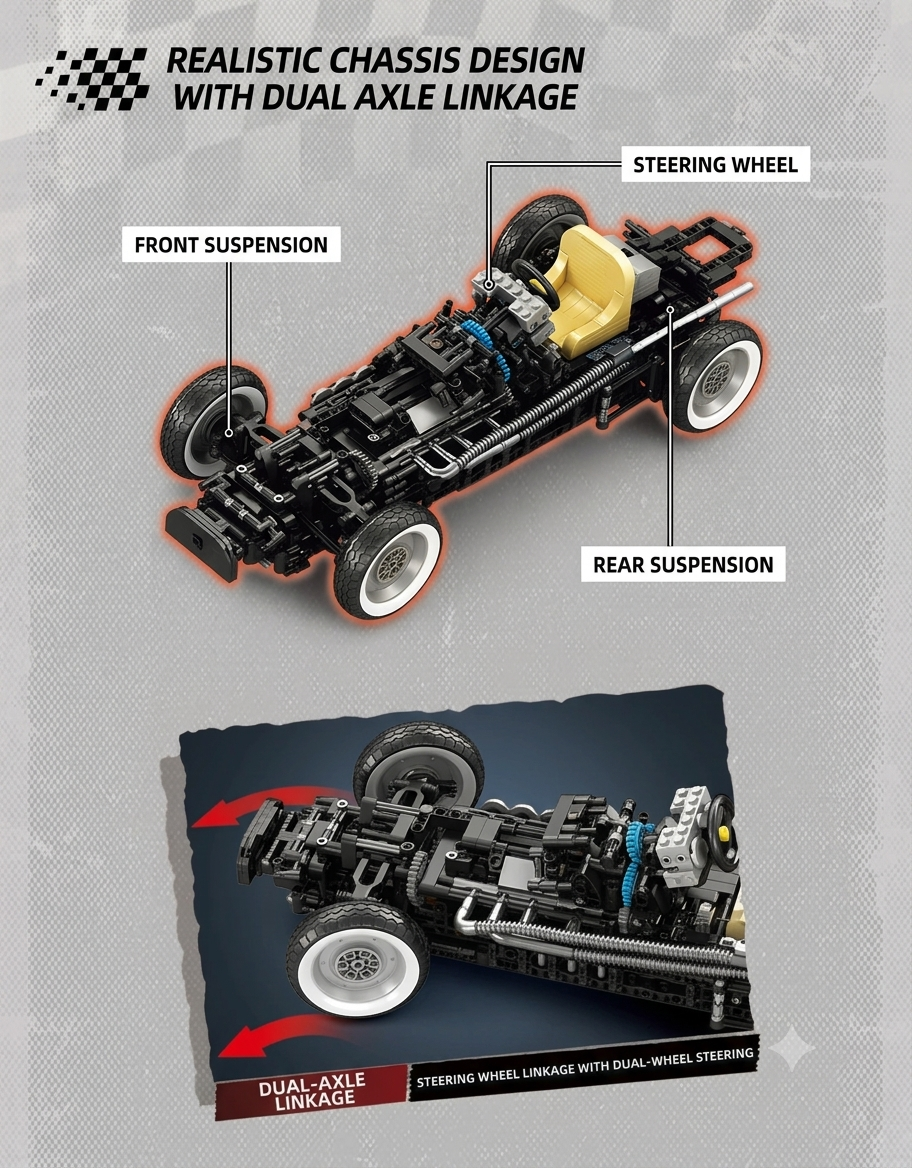 Mechanical chassis diagram of the model racing car highlighting functional front and rear suspension and working steering wheel linkage.