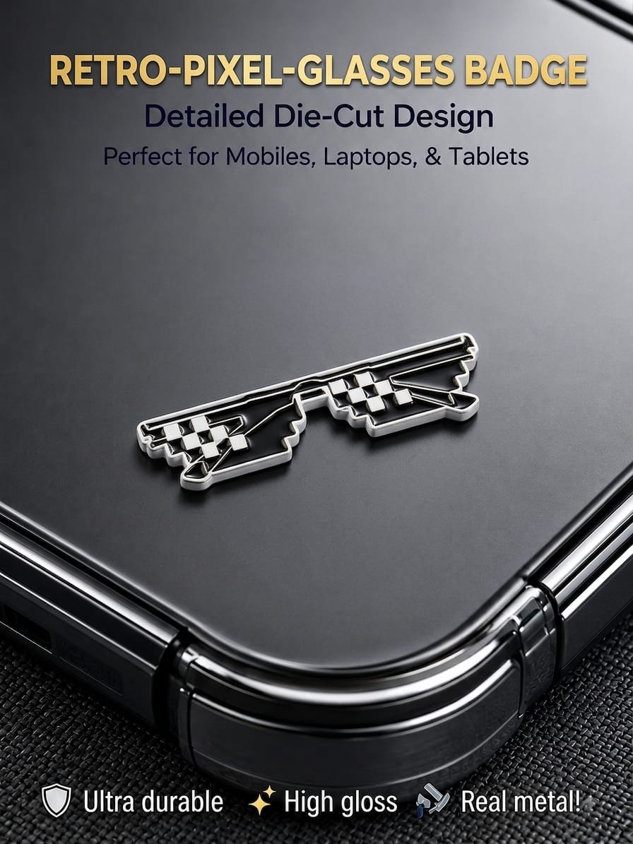 Retro pixel sunglasses die-cut real metal enamel badge sticker attached to a black phone case