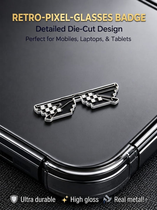 Retro pixel sunglasses die-cut real metal enamel badge sticker attached to a black phone case
