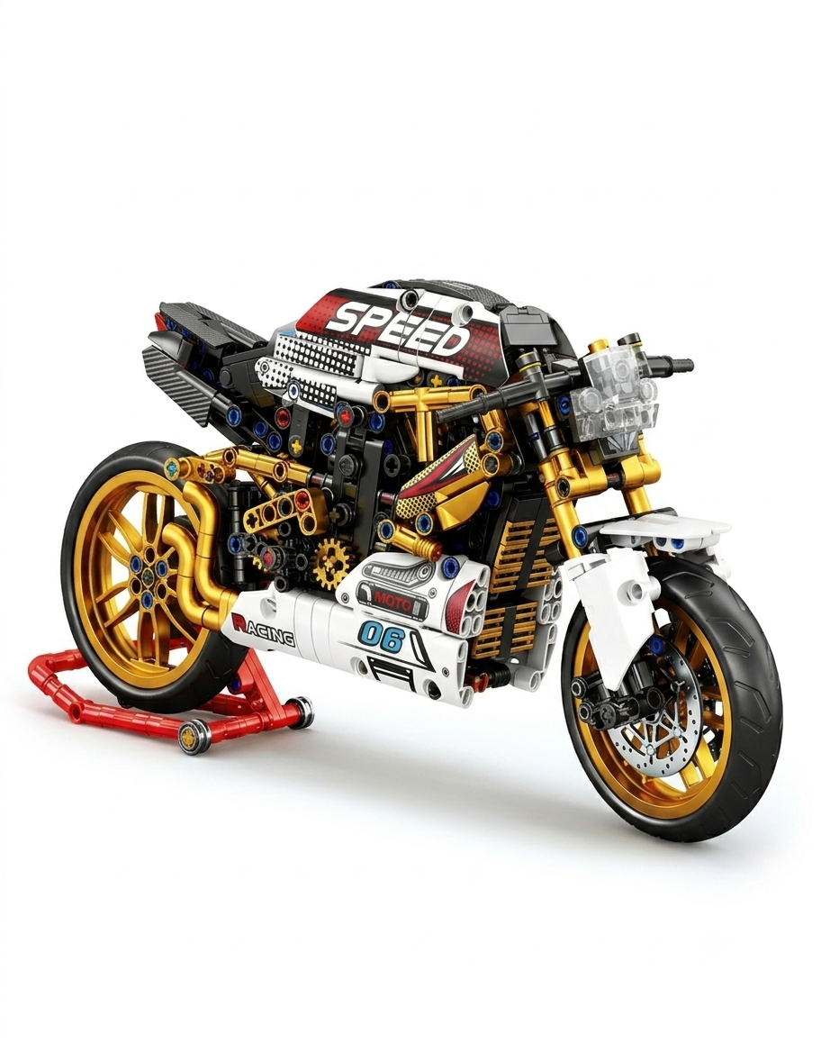 Retro speed racing motorcycle building block model featuring gold wheels, exposed mechanical gears, and a red display paddock stand