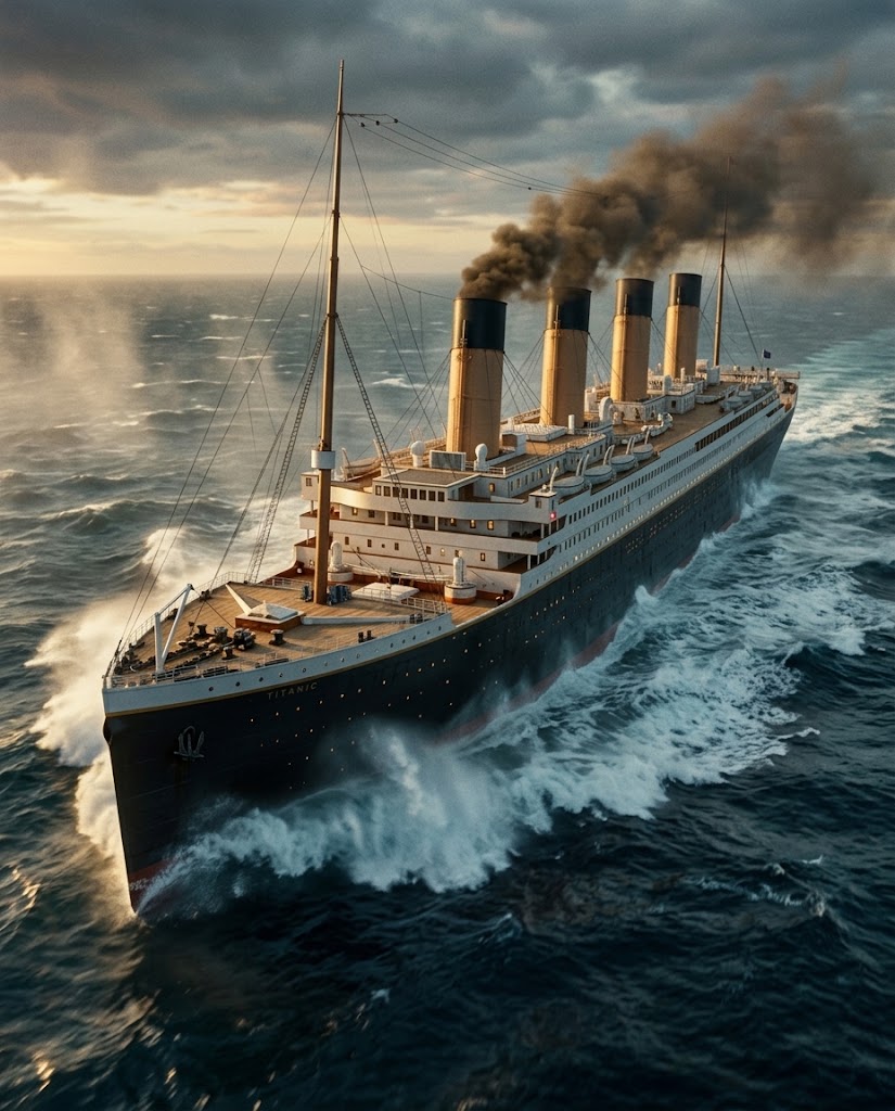 Cinematic artwork of the RMS Titanic sailing through rough ocean waves at sunset, inspiring the CubicFun 3D puzzle collection at Gadgets Lebanon.