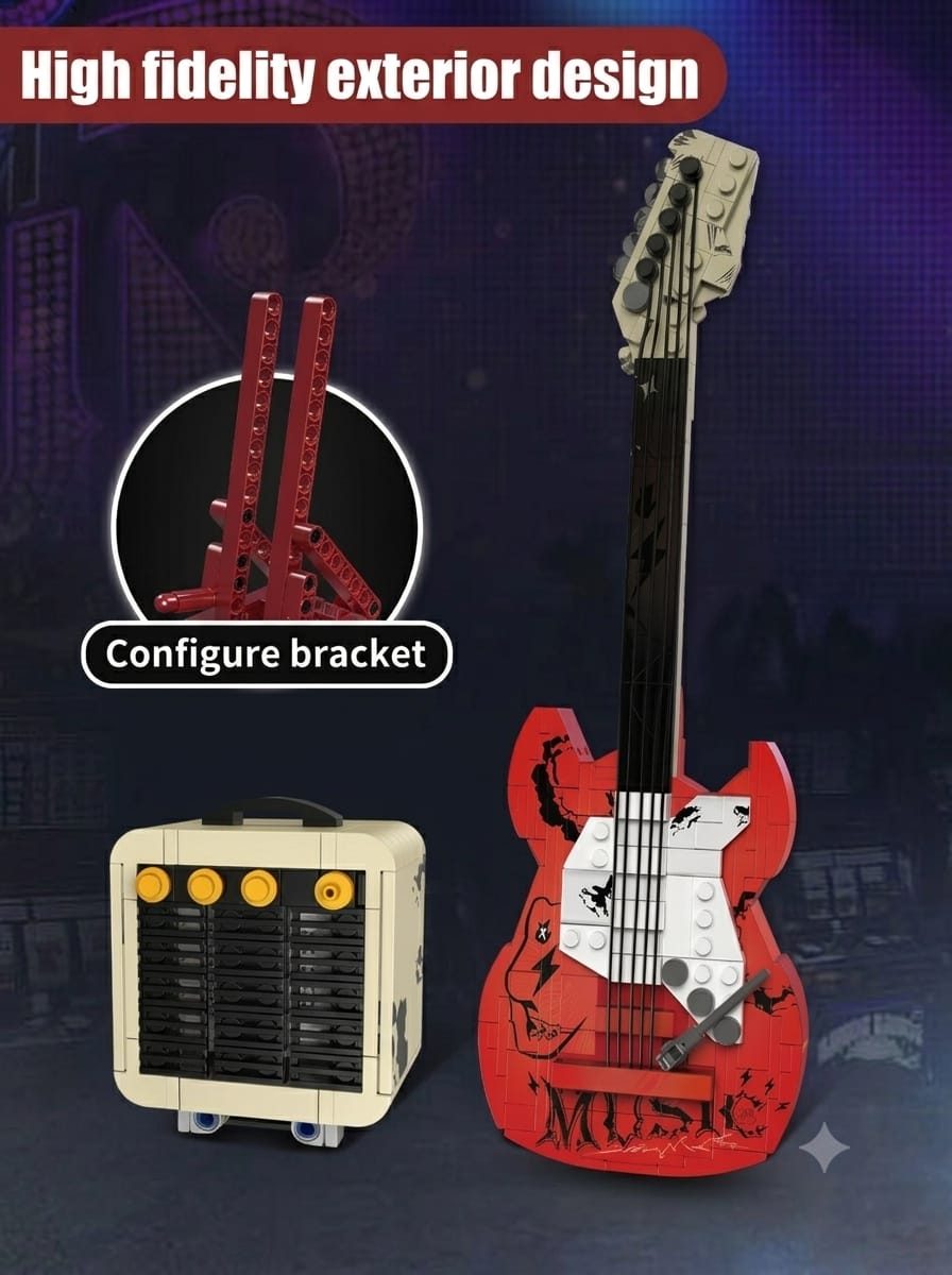 Red electric guitar brick toy highlighting the adjustable display bracket stand and mini amplifier unit.