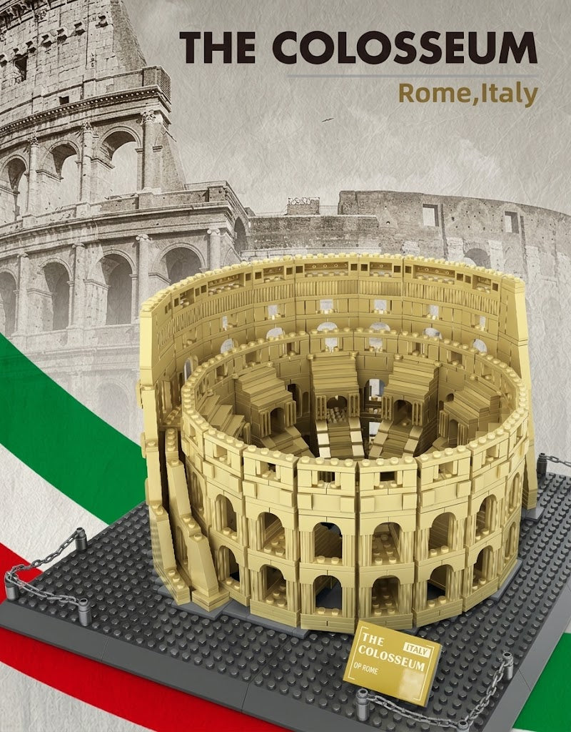 Italian Roman Colosseum architecture building block set with display base and nameplate, available in Lebanon.