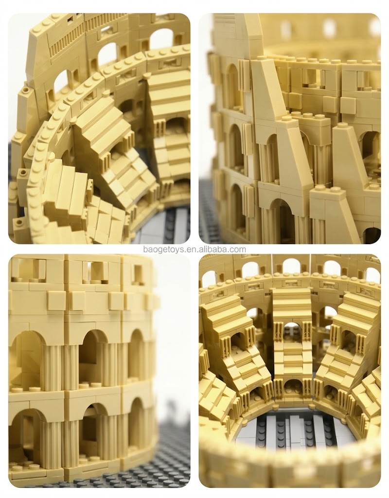 Close-up views of the Roman Colosseum brick model showing detailed ancient classical arches, columns, and arena stairs.