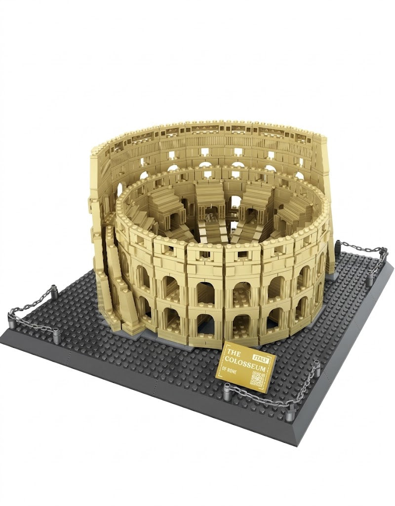 Fully assembled Roman Colosseum architectural scale model on a fenced baseplate with an official Italy landmark plaque.