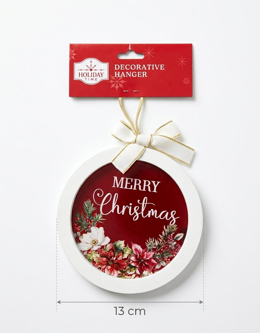 13 cm diameter size measurement guide for the circular wooden Merry Christmas decorative wall and tree hanger.