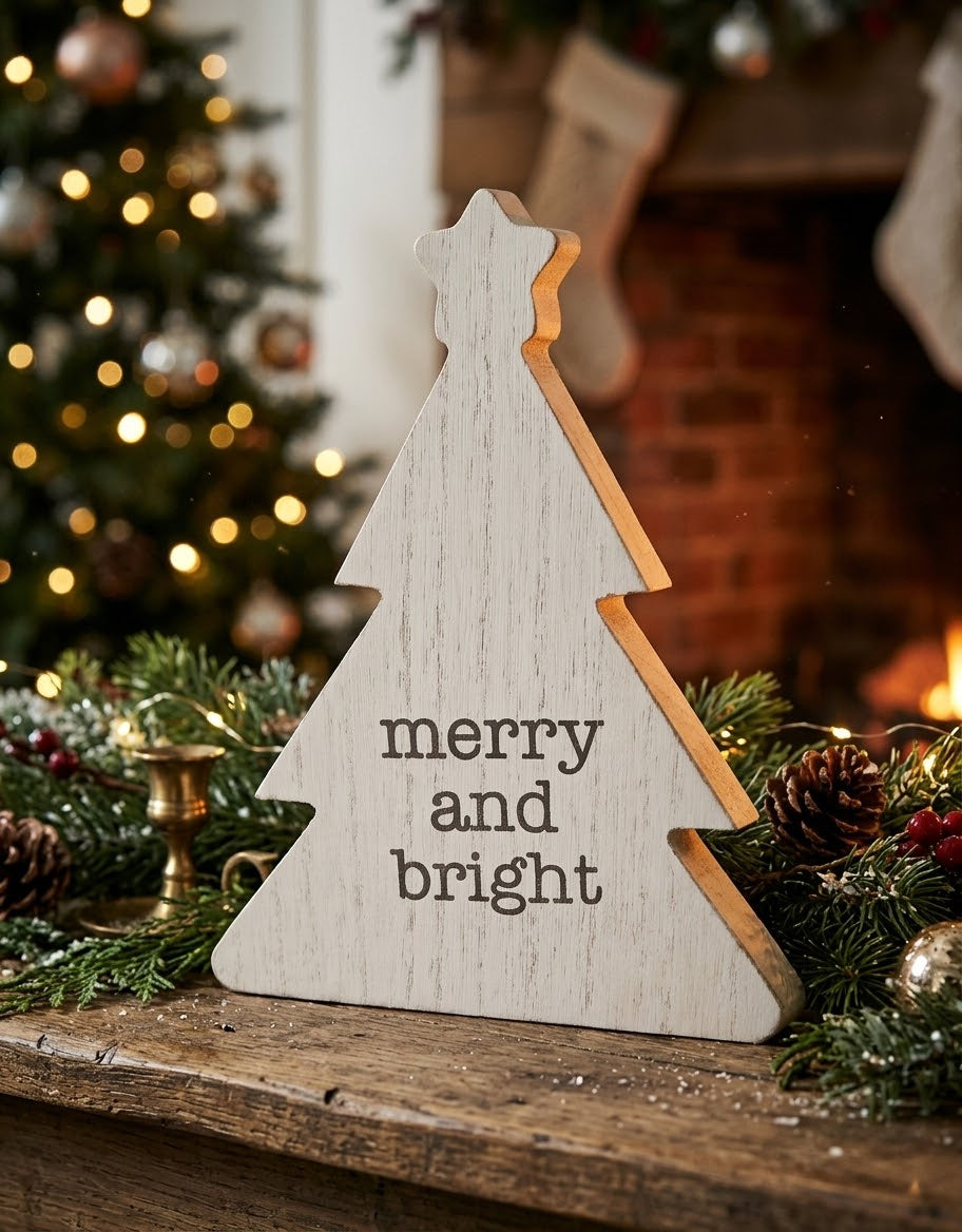 Rustic whitewashed wooden Christmas tree sign styled on a holiday mantelpiece alongside pine greenery, pinecones, and warm glowing fairy lights.