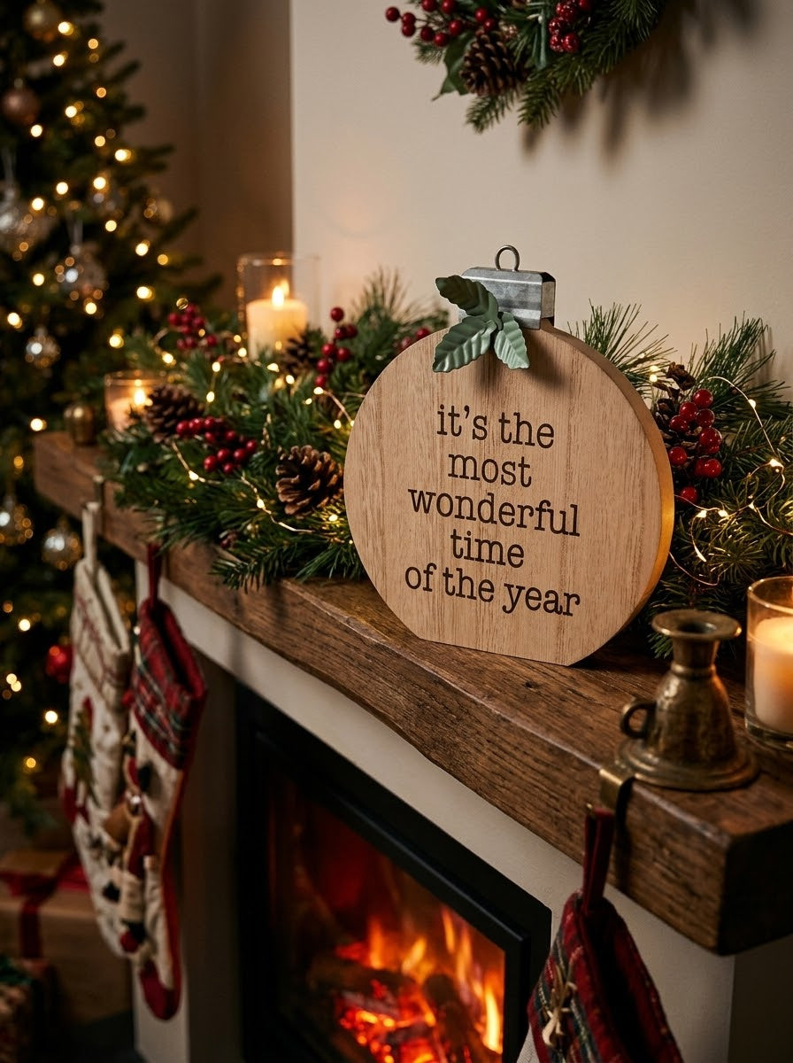 Rustic wooden bauble tabletop sign with 'It's the most wonderful time of the year' script, styled on a Christmas fireplace mantel decorated with evergreen pine garland, fairy lights, and candles.