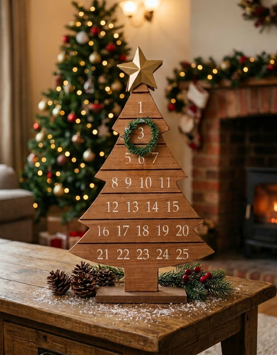 Rustic wooden Christmas tree countdown calendar with mini wreath marker on a living room coffee table in Lebanon.