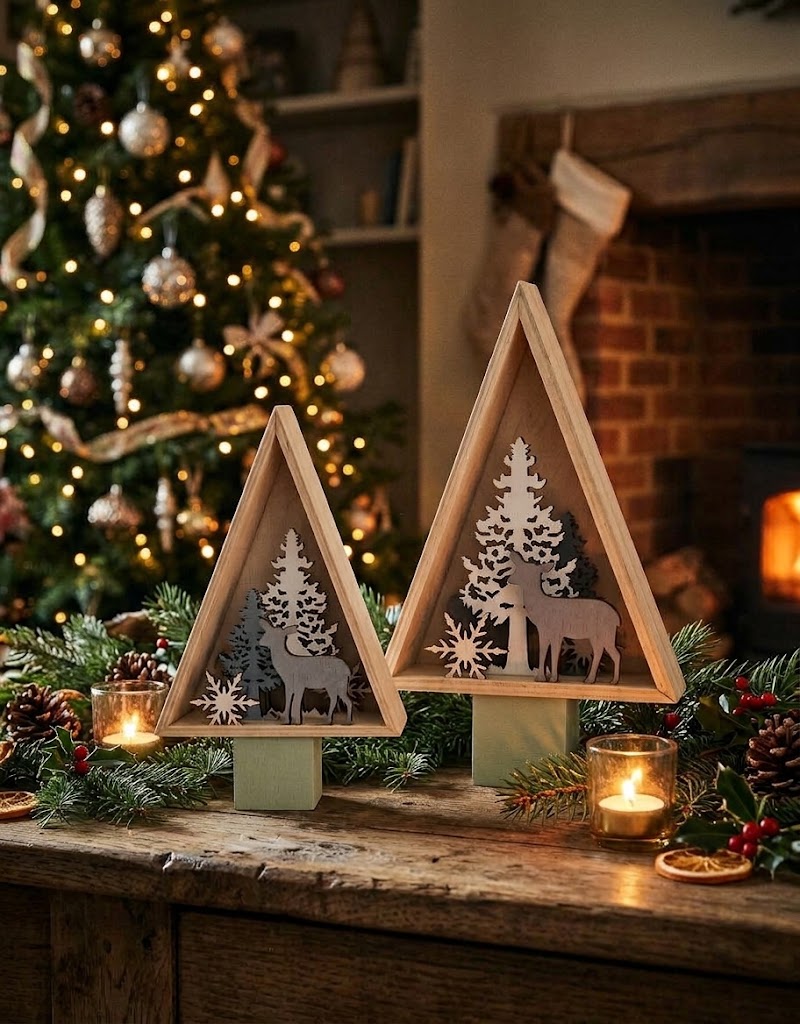 Rustic wooden Christmas tree figurines on a holiday dining table surrounded by pine garlands, candles, and a glowing tree in Lebanon.