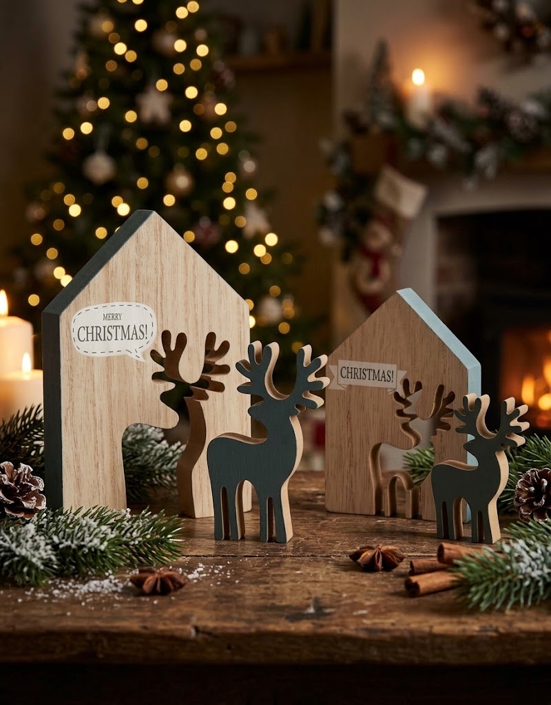 Rustic wooden Christmas houses with teal deer cutouts styled on a festive tabletop near a glowing holiday tree.