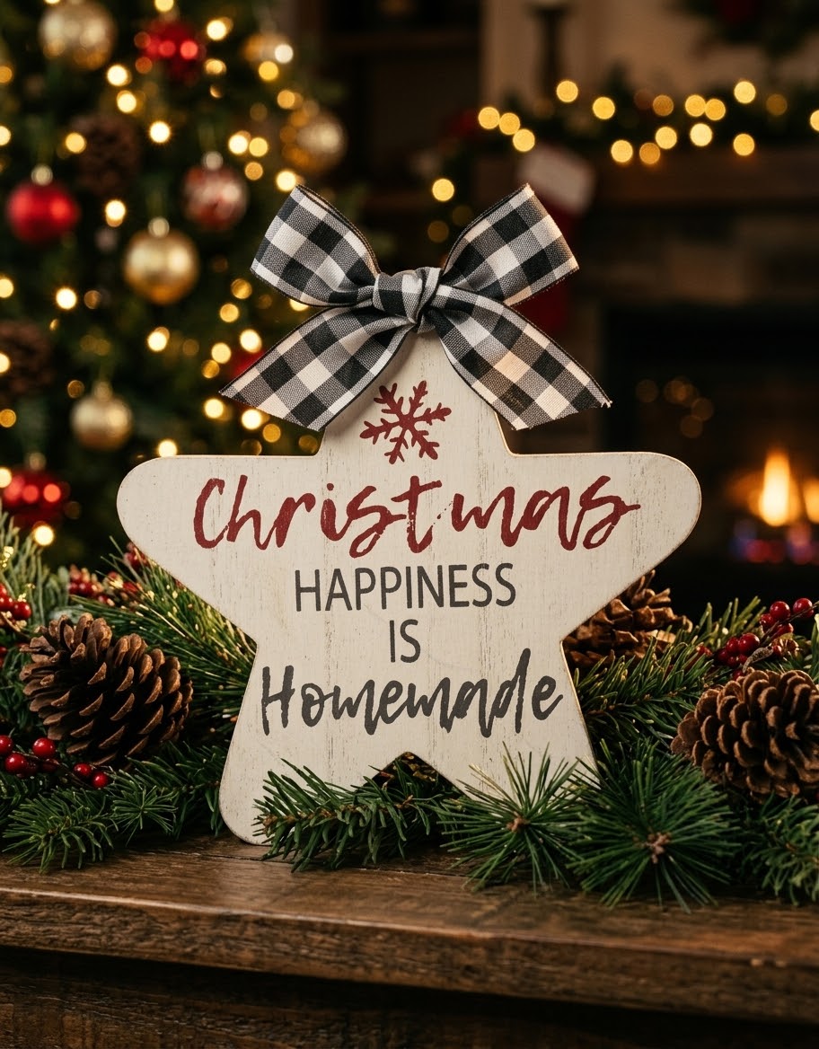 Rustic wooden star Christmas sign styled on a wooden fireplace mantel among evergreen pine branches, natural pinecones, and warm glowing Christmas tree bokeh lights.