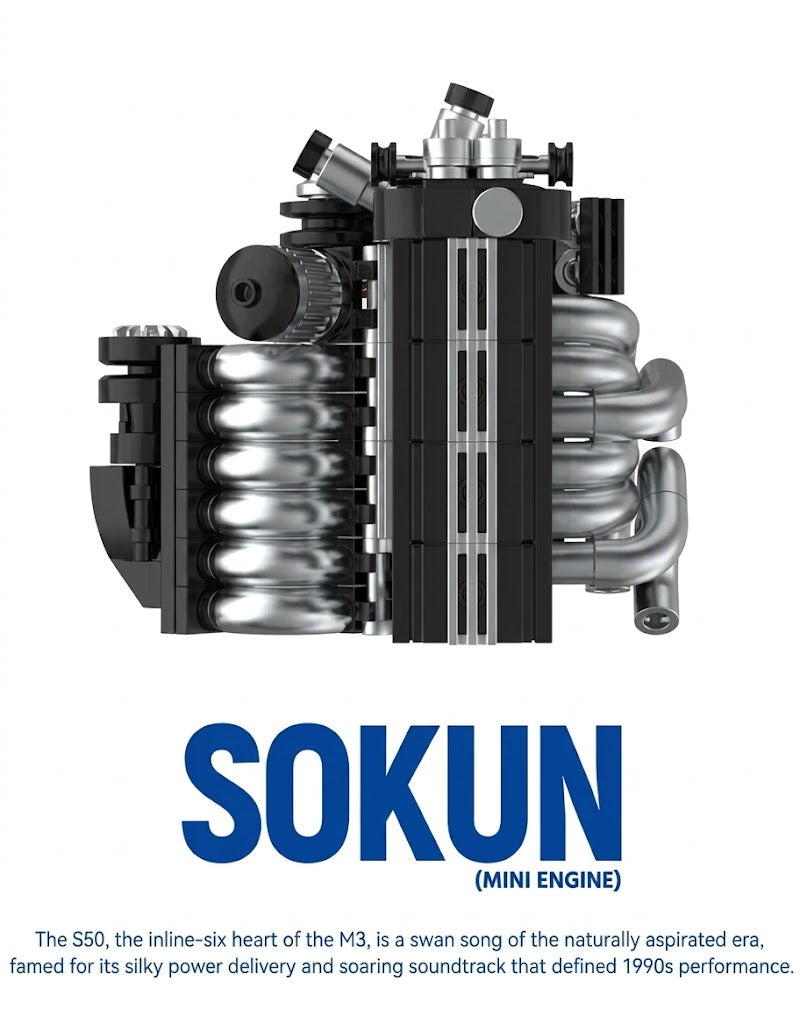 Top down perspective of S50 engine building model showing cylinder head cover, intake, and exhaust layout