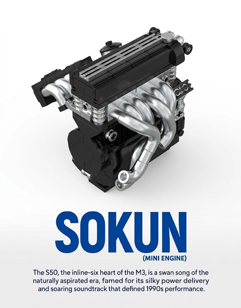 Angled view of S50 M3 mini engine model featuring chrome tubular exhaust headers and block detail.