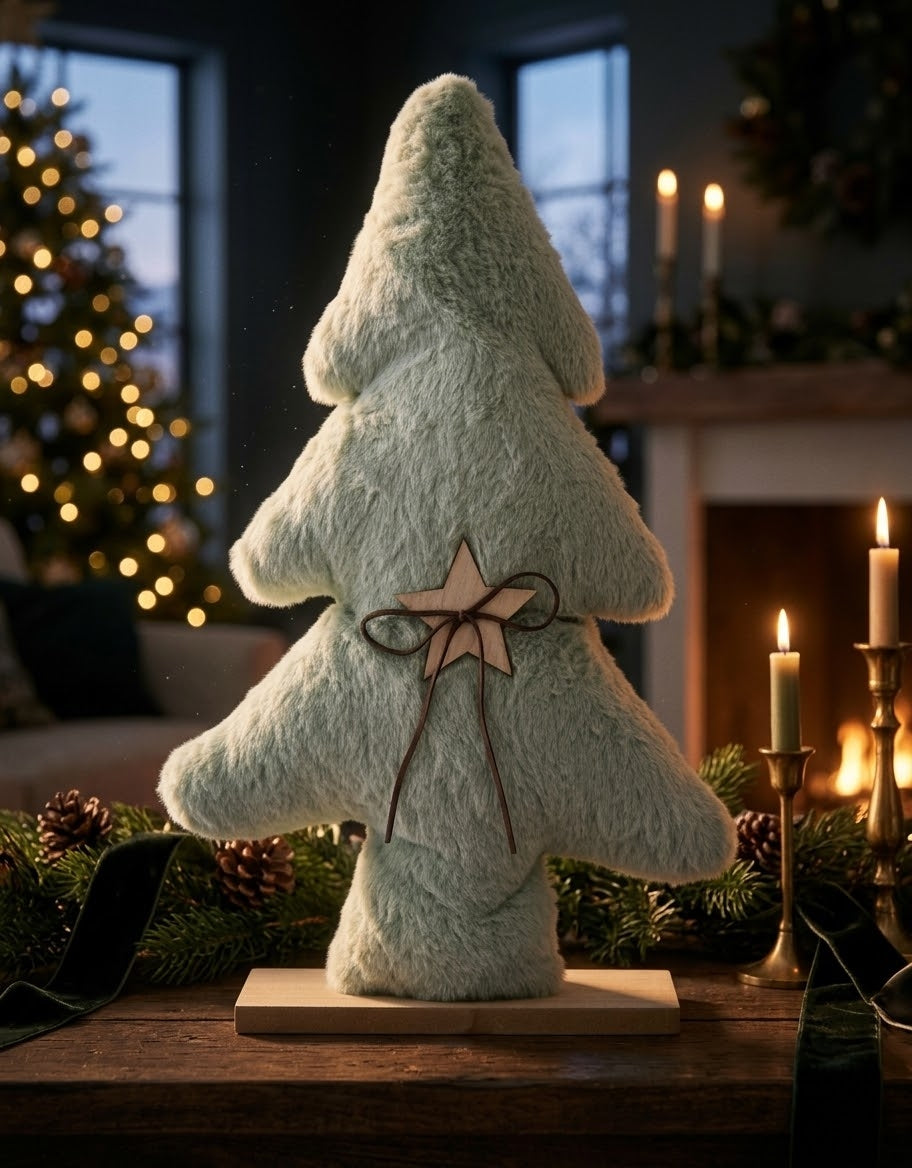 Sage green plush faux-fur tabletop Christmas tree with a wooden star accent and base, displayed beside warm candles and holiday garland.