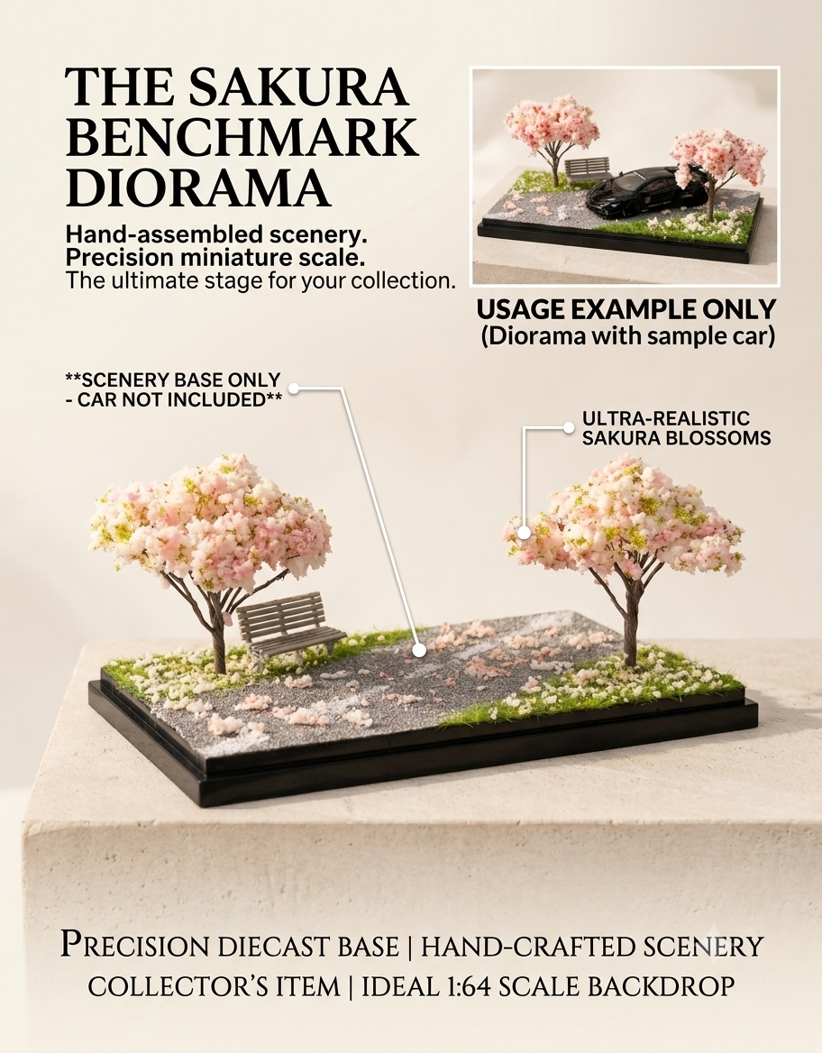 Product specifications and feature diagram of the hand-assembled 1:64 scale sakura benchmark scenery base.