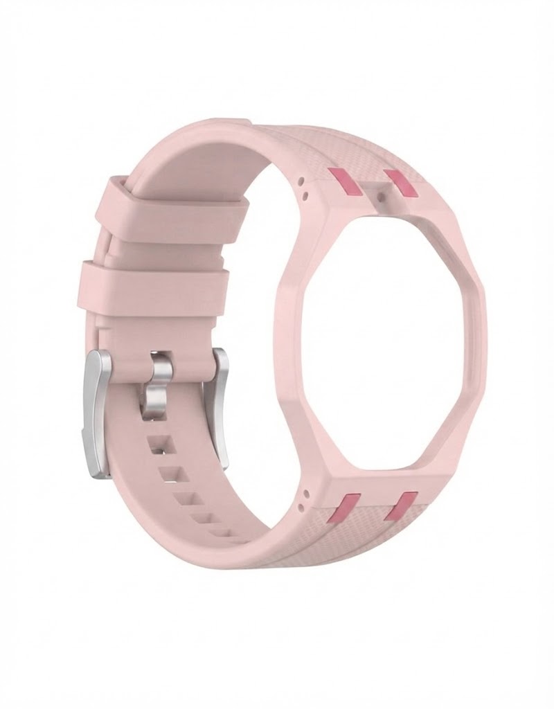 Sand pink silicone convertible wrist strap with integrated octagonal case for bioceramic pendant watch.