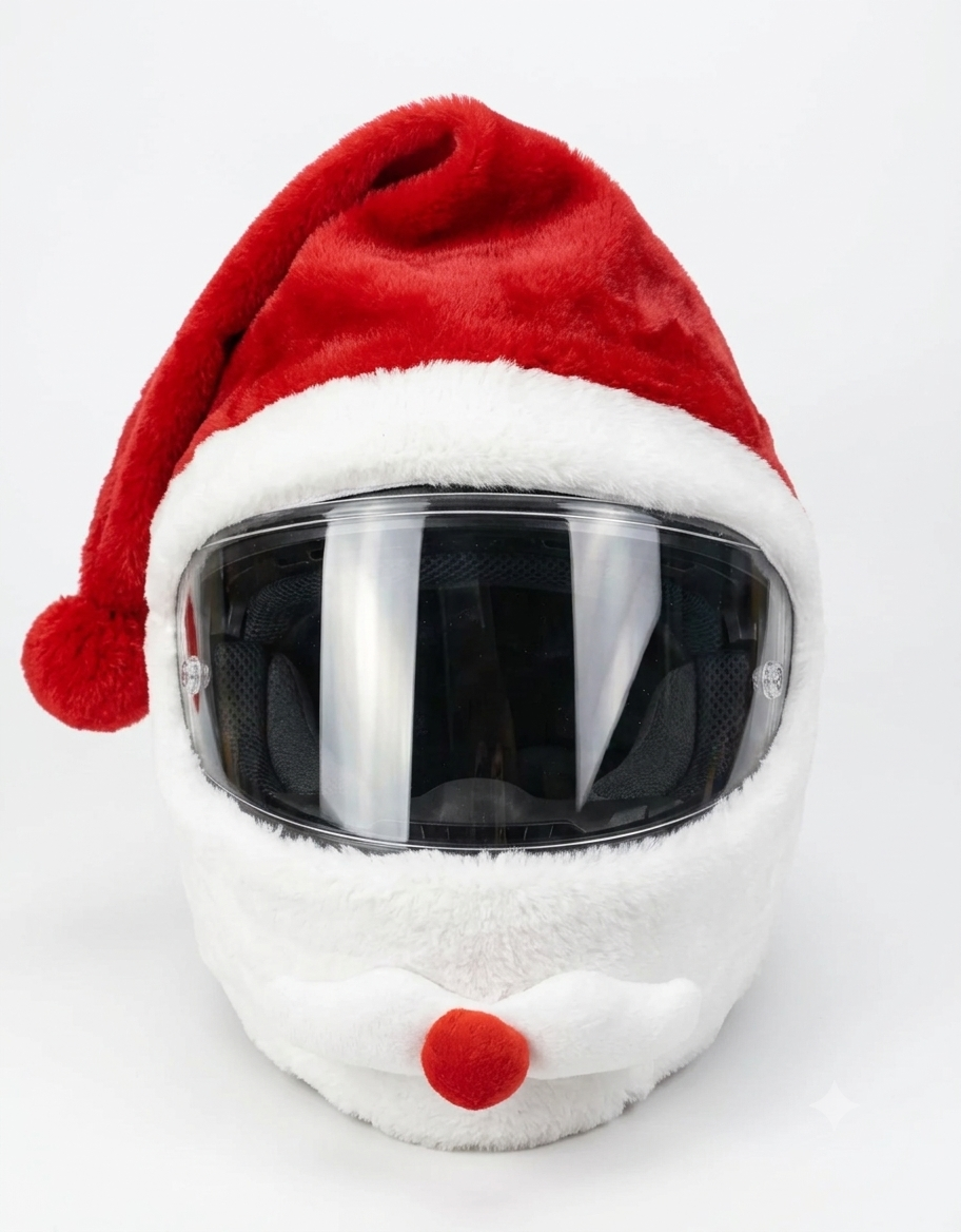 Red plush Santa Claus motorcycle helmet cover with white beard and visor cutout, front view available in Lebanon.