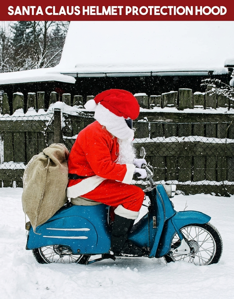 Rider dressed as Santa Claus on a vintage scooter in the snow wearing a protective Santa helmet hood cover in Lebanon.