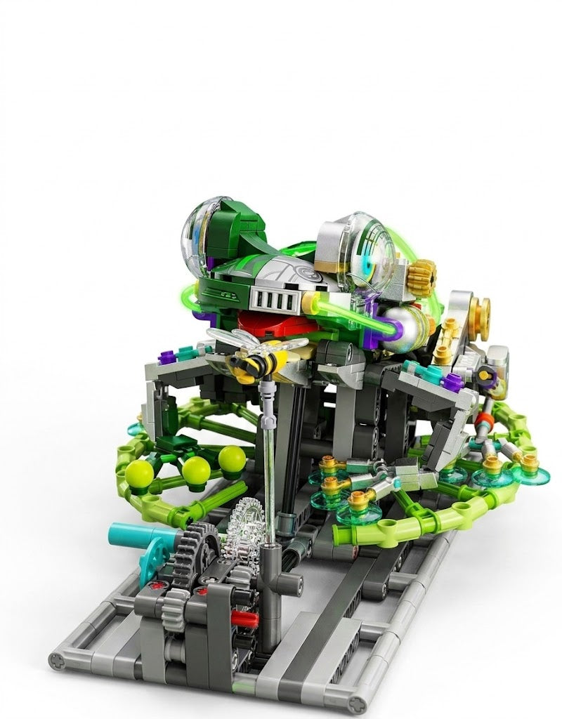 A detailed product photograph of an intricate semi-mechanical frog building block model kit, featuring visible gears, green and silver construction, and a mechanical bee accessory.