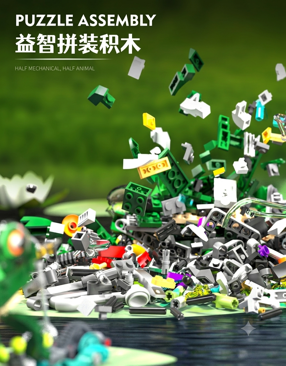 Assorted building blocks and puzzle pieces for assembling the half mechanical half animal frog model kit.