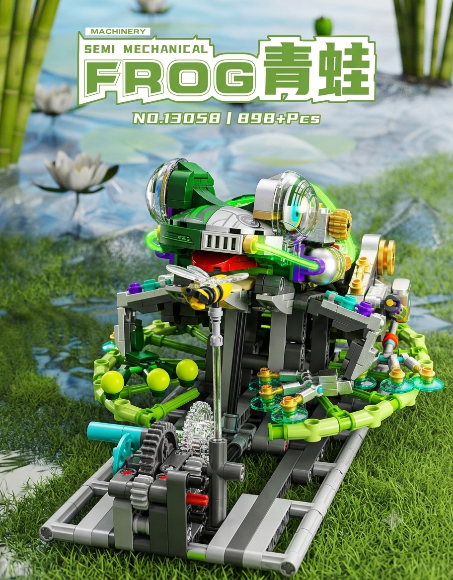 Semi mechanical frog machinery building block set model 13058 with 898 pieces and gear crank base.