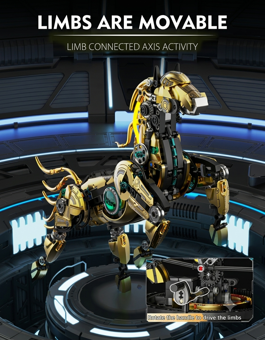 Gold mechanical horse model with movable articulated limbs connected to a rotating manual gear-drive crank.
