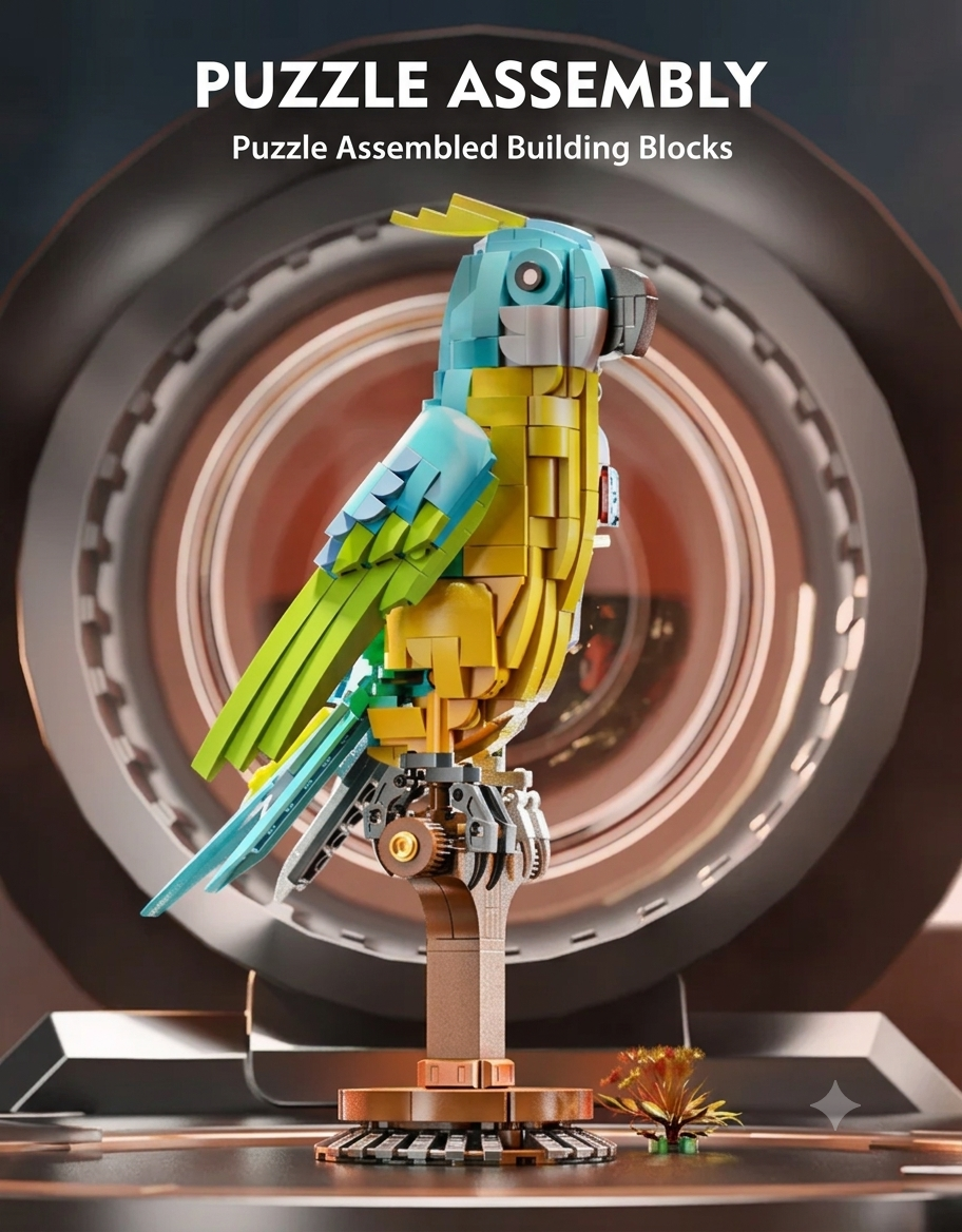 Fully assembled colorful blue and yellow bird half of the 3D mechanical parrot building block model.