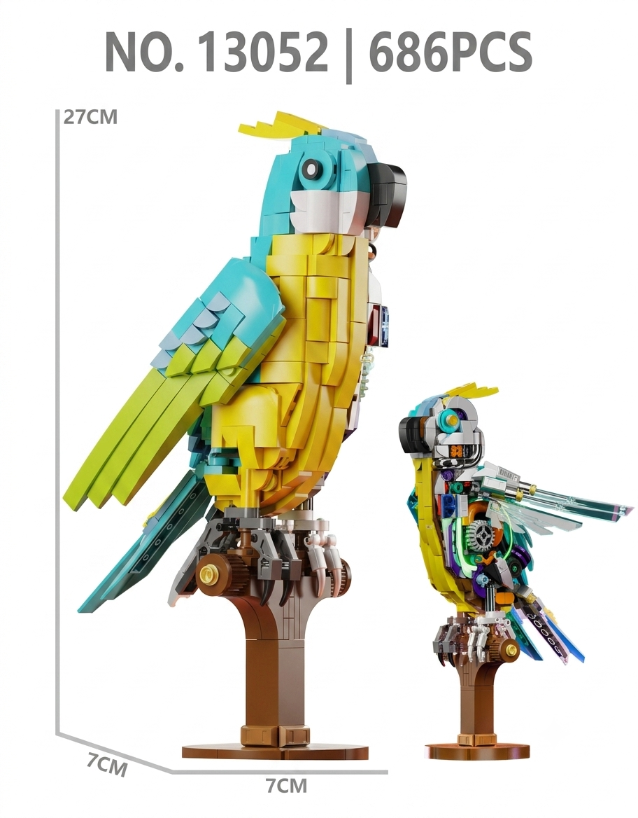 Product dimensions diagram for 686-piece semi-mechanical parrot model measuring 27cm height by 7cm base width.