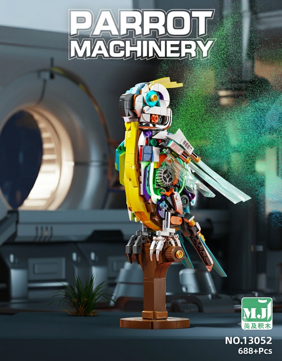 Semi-mechanical parrot building block set with exposed gears, robotic wings, and display perch stand.
