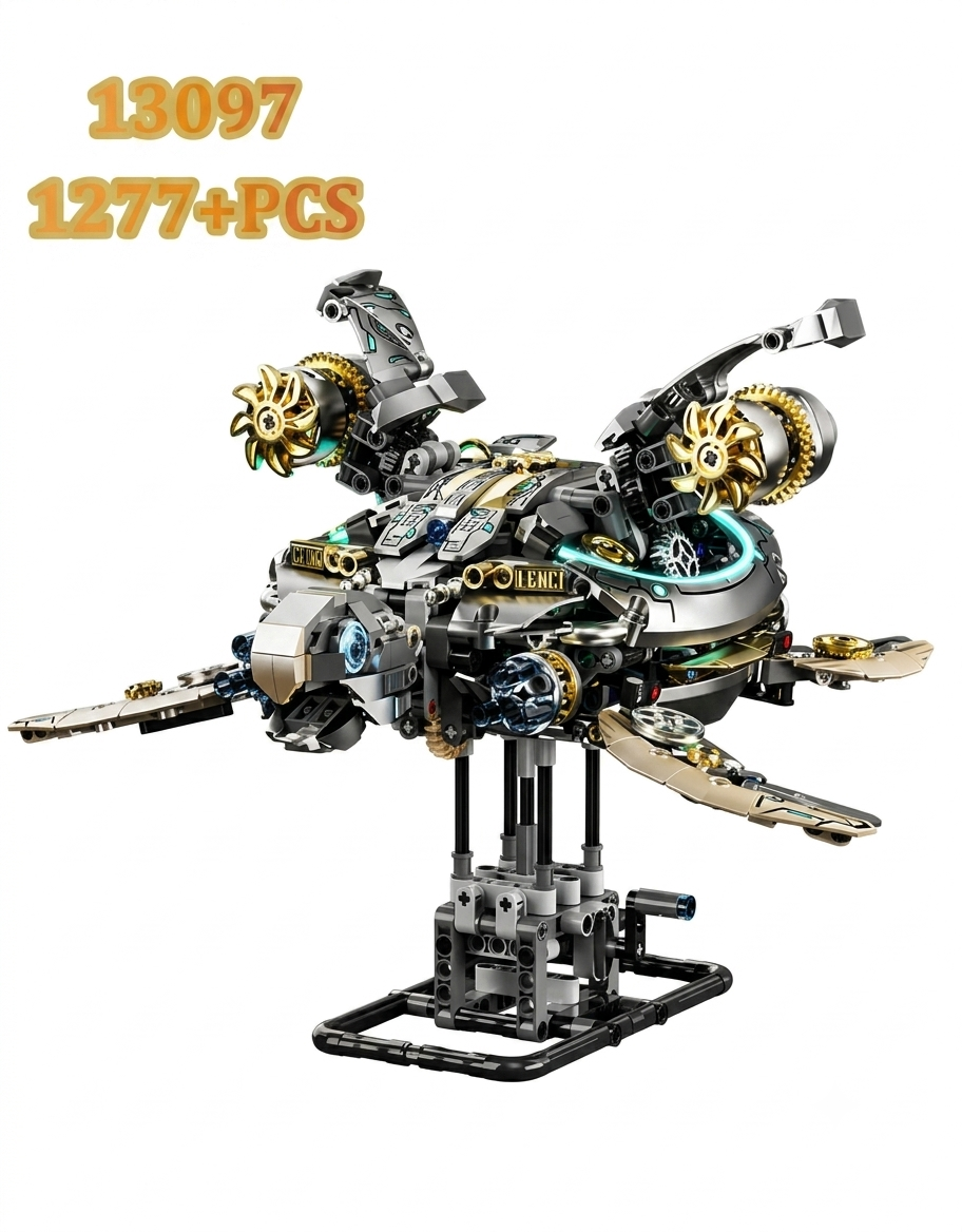 Model 13097 semi-mechanical sea turtle 1277-piece building block set mounted on a hand-cranked display stand on a white background.
