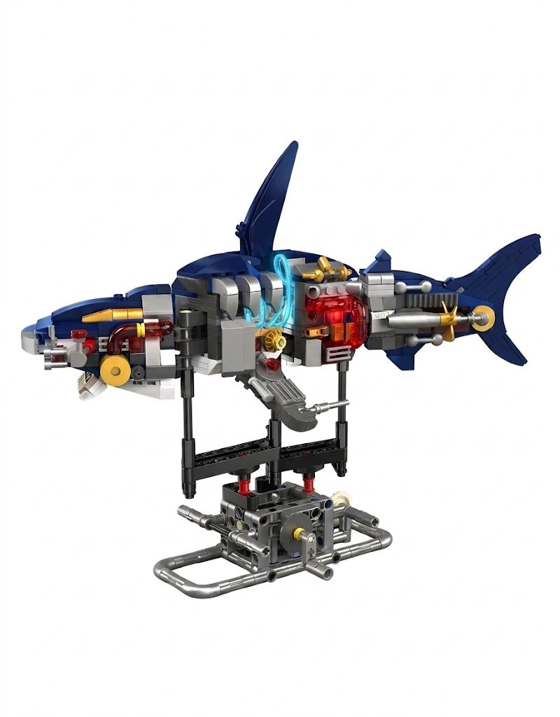 Semi-mechanical blue shark building block set with exposed robotic gears mounted on a mechanical display stand.