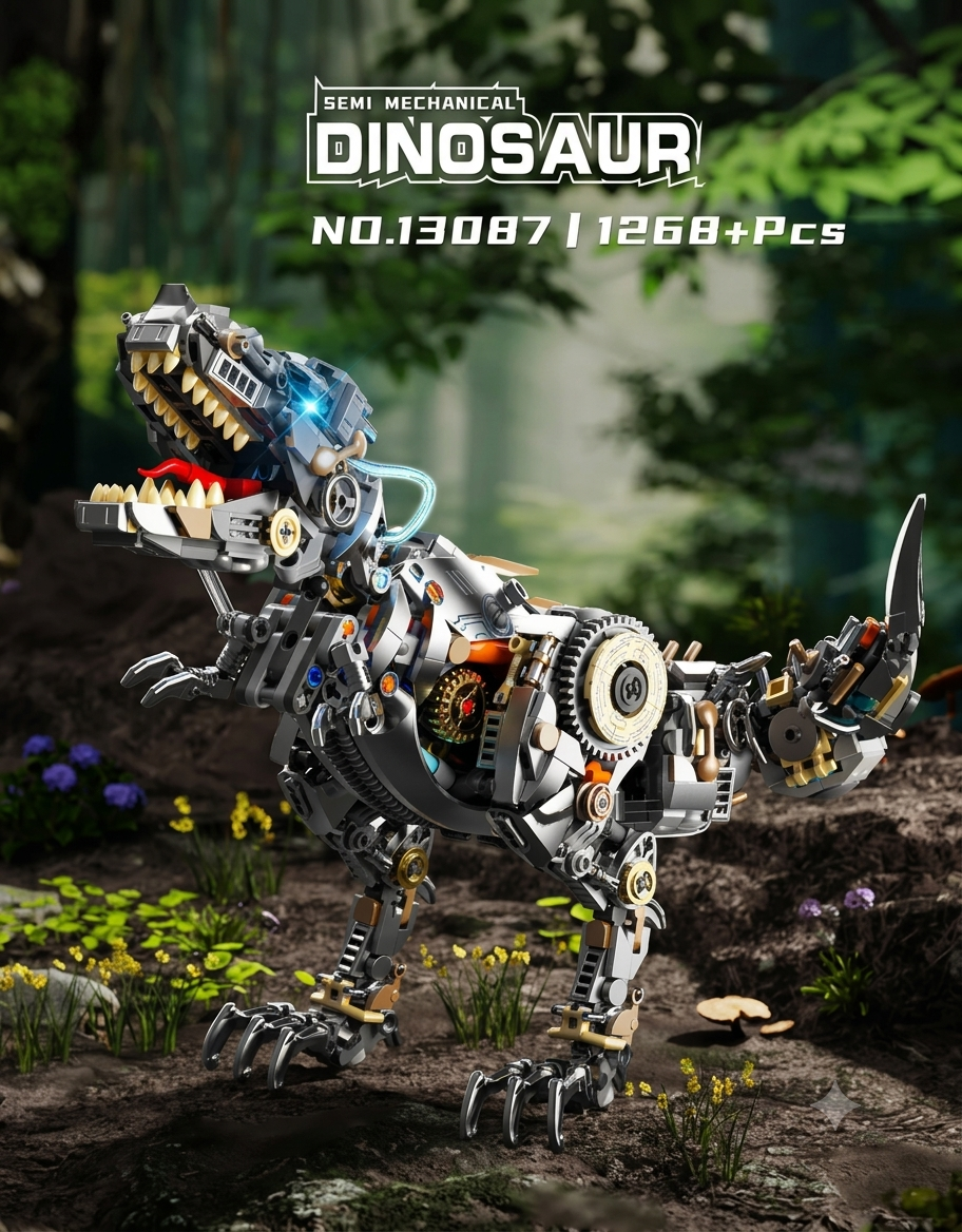 Semi-mechanical Tyrannosaurus Rex building block model kit with glowing blue eye and gear mechanism details, 1260 pieces.