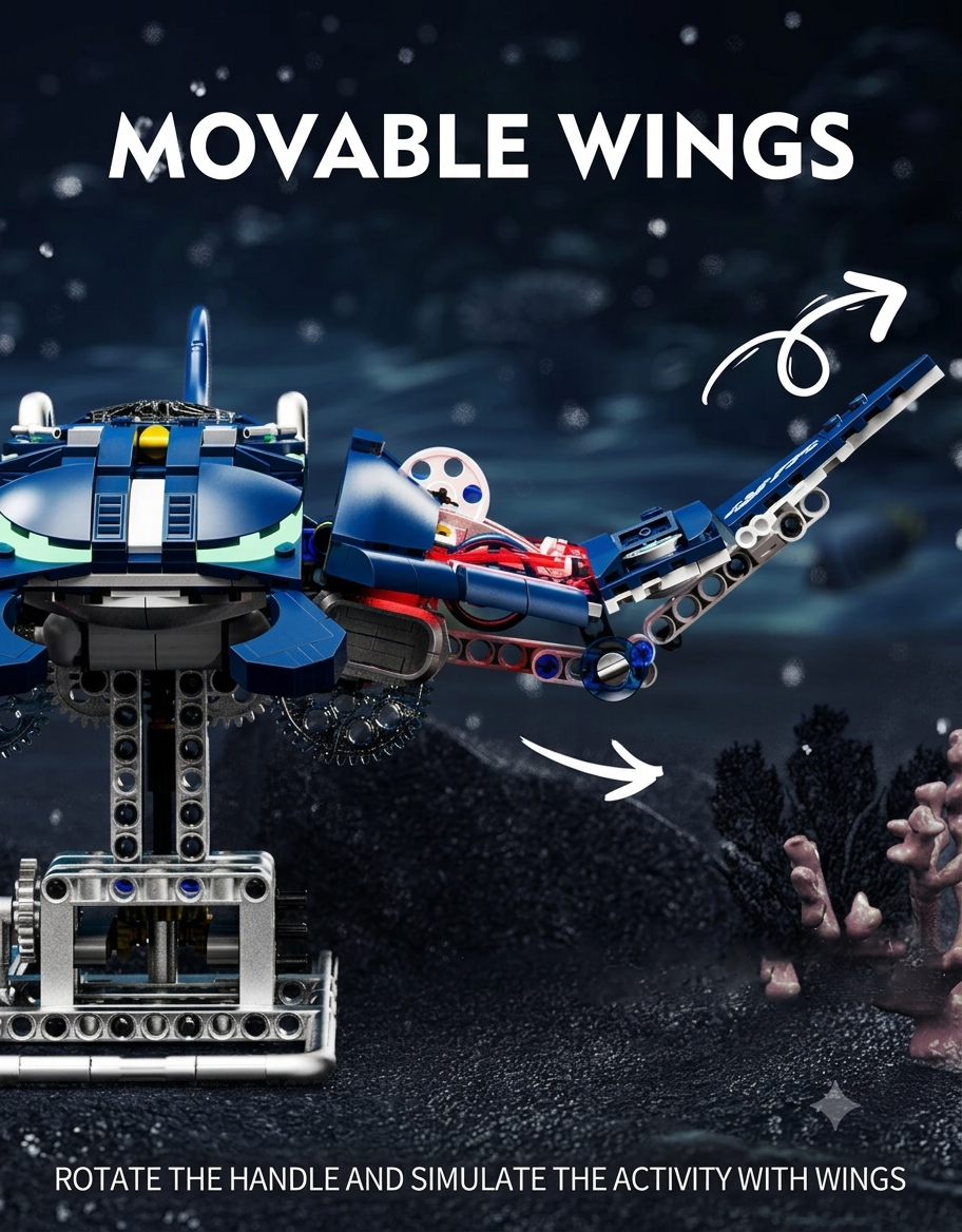 Semi-mechanical underwater stingray king building block set mounted on a gear stand demonstrating simulated movable wing movement.