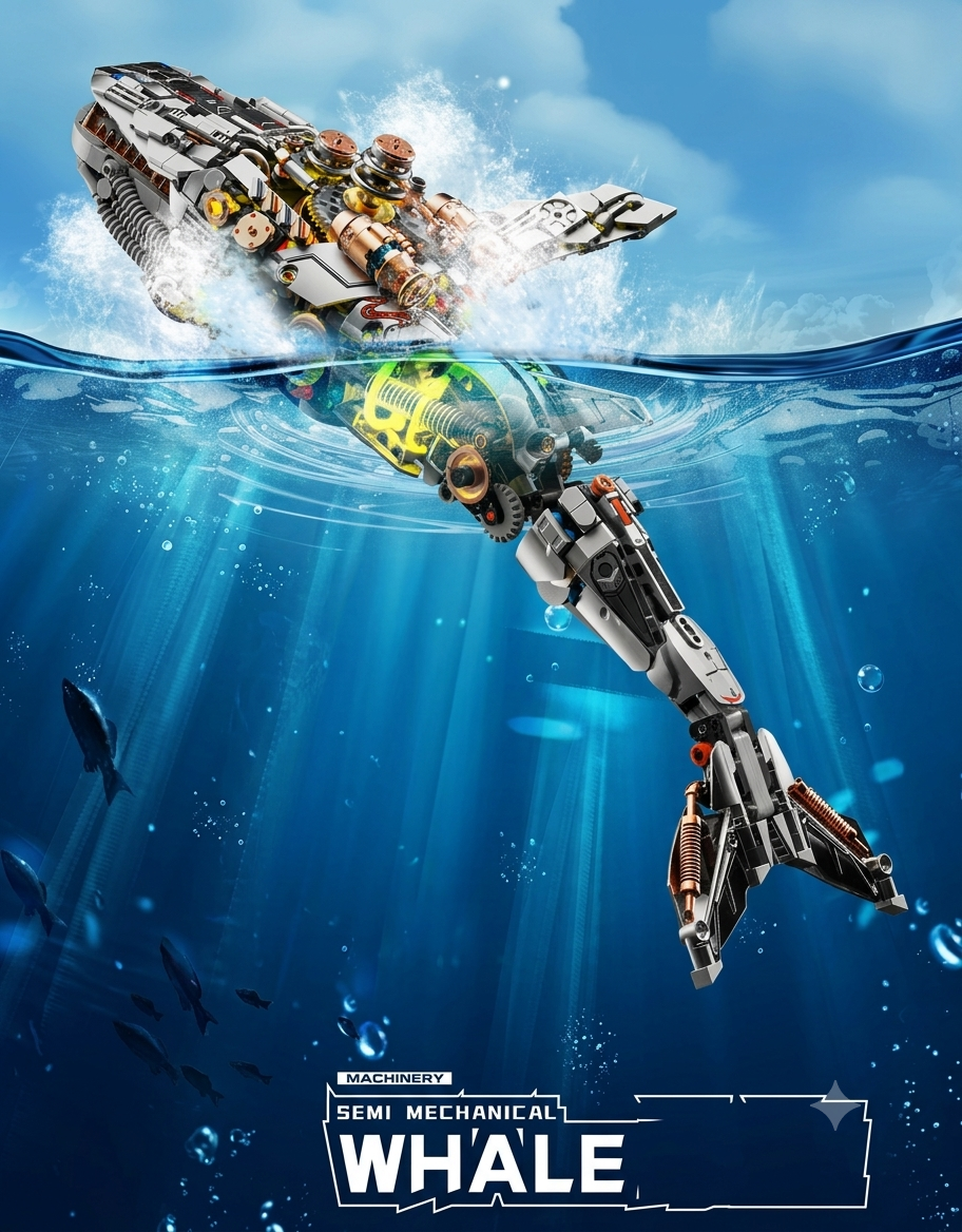 Semi-mechanical cyber whale building block model leaping through ocean water with exposed internal machinery and gear details.