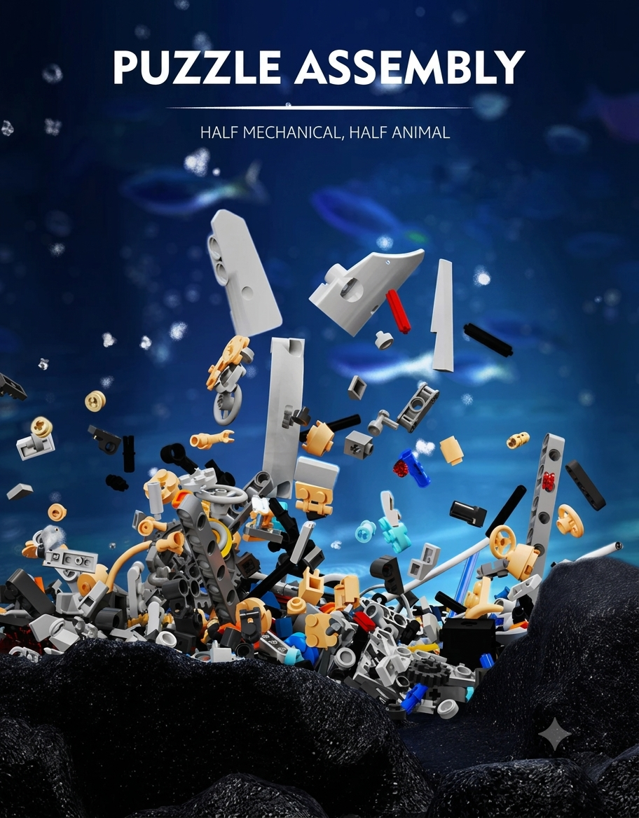 Exploded view of building block pieces and mechanical puzzle components for assembling the half-mechanical half-animal whale model