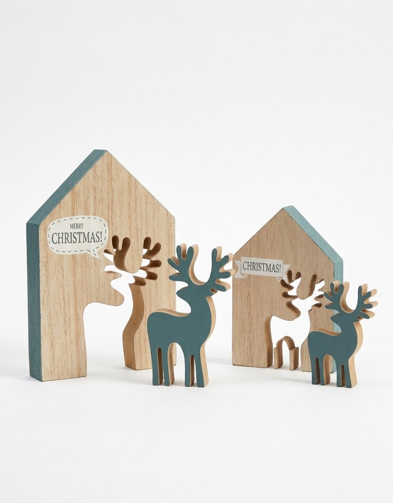 Front view of 2 wooden Merry Christmas house ornaments with removable green deer figures on a clean white background.