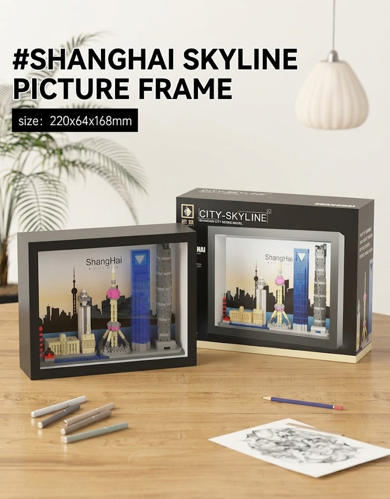 Shanghai skyline 3D picture frame building block model displayed on a desk with 220x64x168mm dimensions callout.