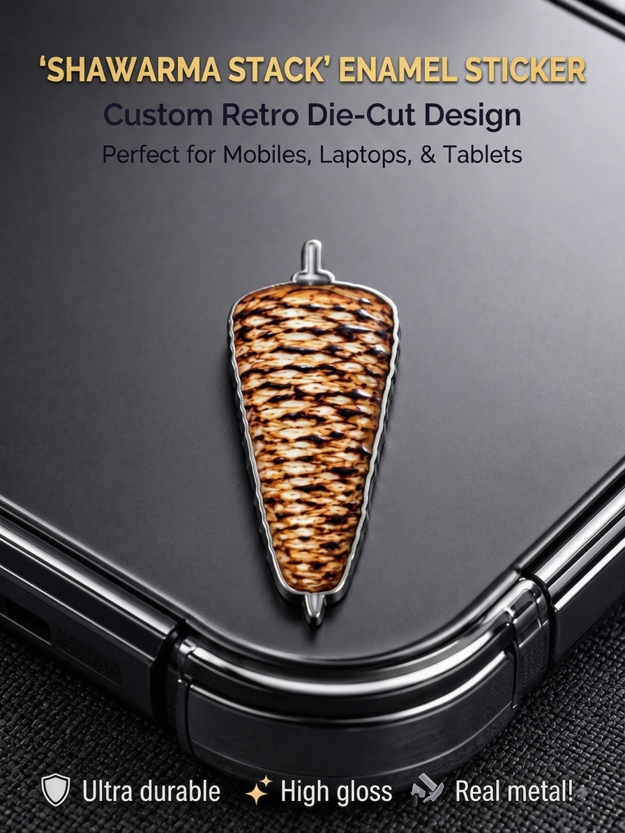 Shawarma stack die-cut metal enamel sticker with a high-gloss finish applied to a smartphone back.