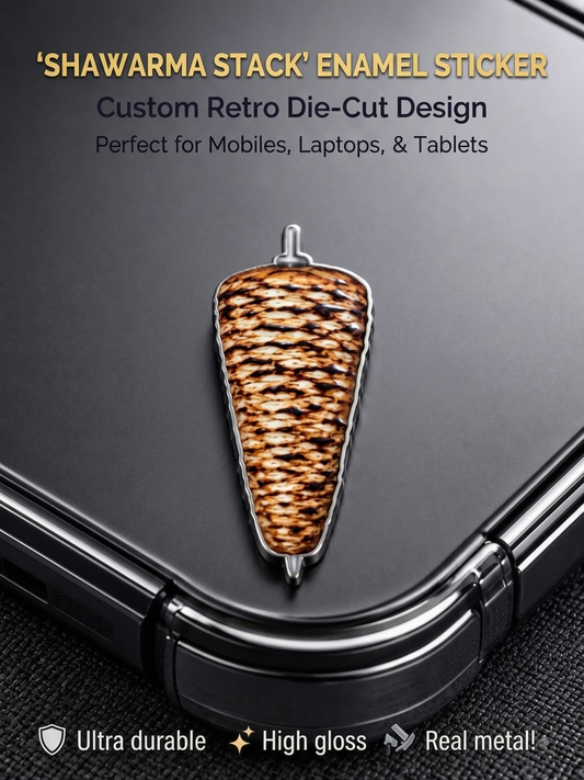 Shawarma stack die-cut metal enamel sticker with a high-gloss finish applied to a smartphone back.