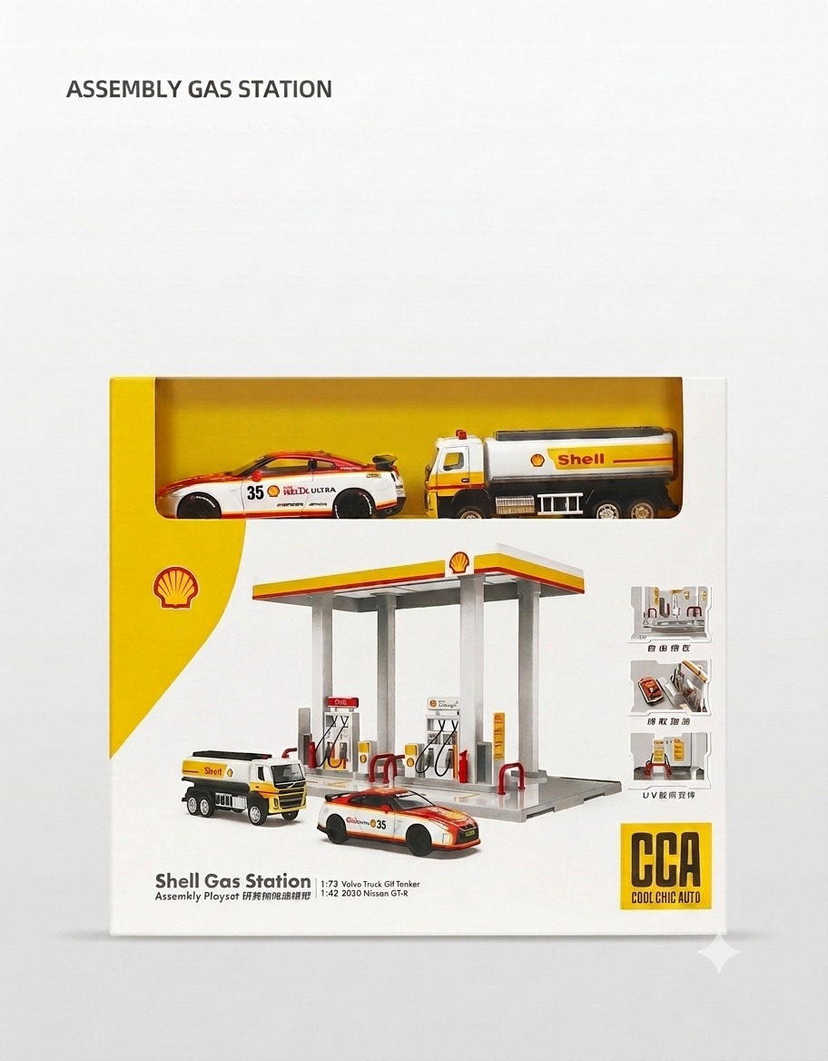 Front view of CCA Shell gas station assembly playset retail packaging box with included diecast vehicles.