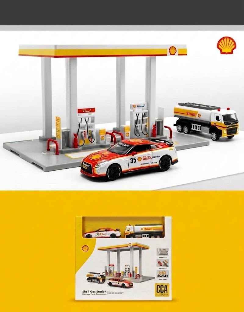 Assembled 1:64 scale Shell gas station diorama displayed with Shell branded Nissan GT-R and Volvo oil tanker truck models.
