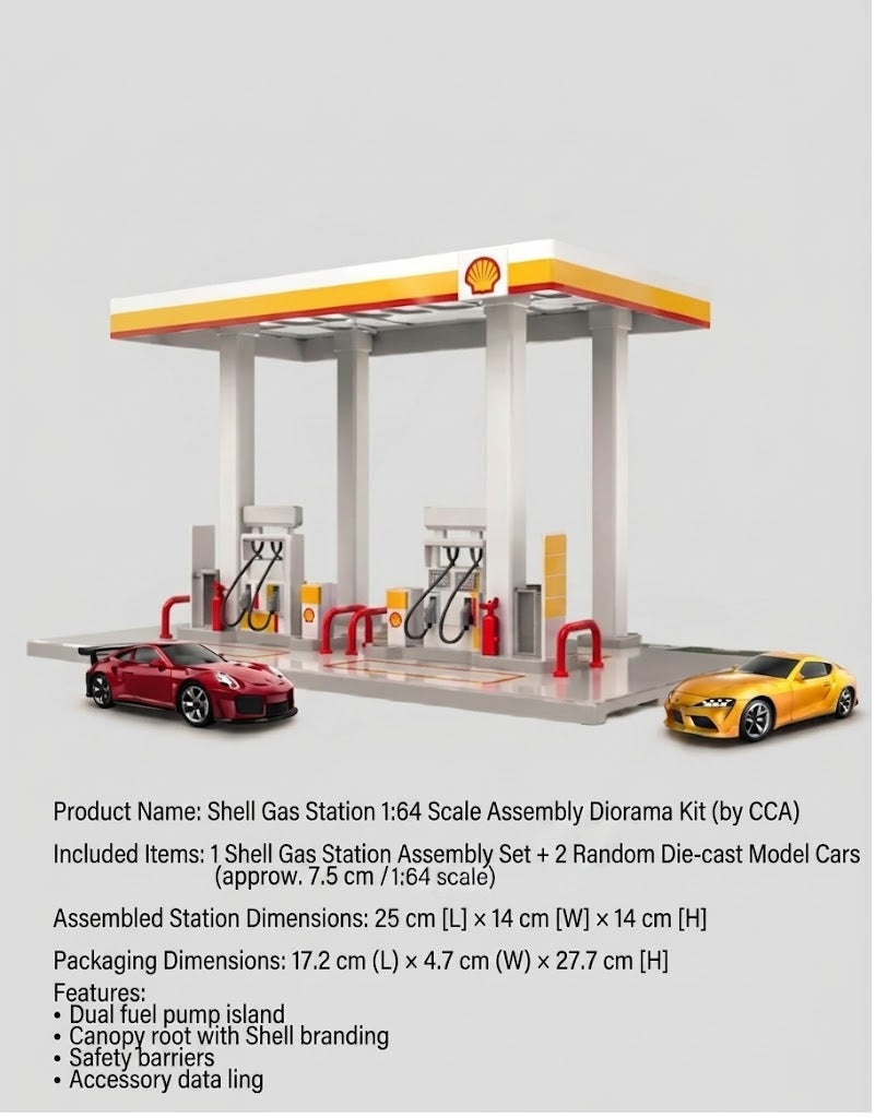 Product feature and dimension overview of the Shell gas station diorama measuring 25 cm by 14 cm by 14 cm.