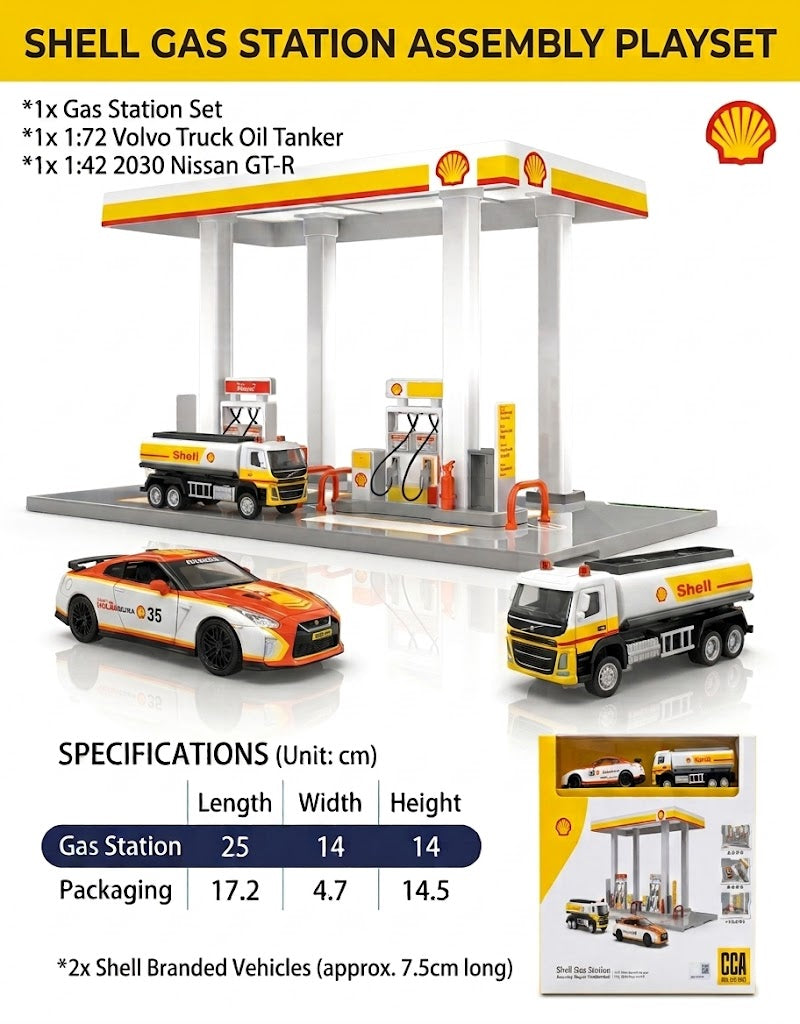 Specification sheet for Shell gas station playset showing dimensions, dual branded vehicles, and packaging size.